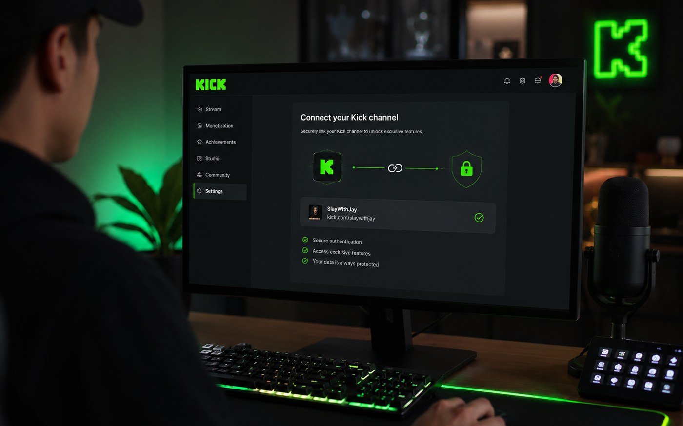 Conexão segura de uma conta Kick no aplicativo