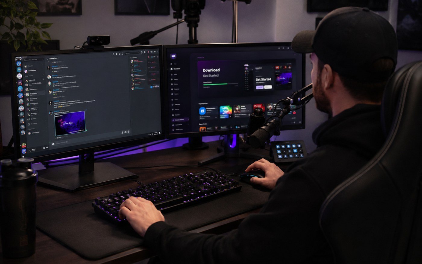 Streamer acessando a comunidade no Discord e área de download
